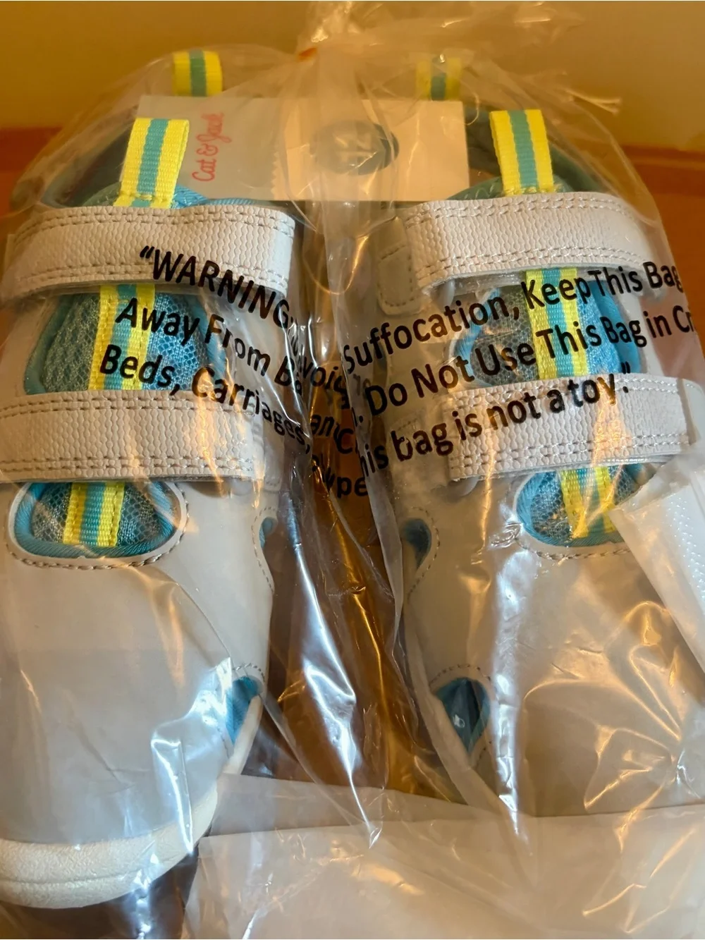 Cat & Jack White and Teal Hook-and-Loop Kids Sandals with Yellow Accents